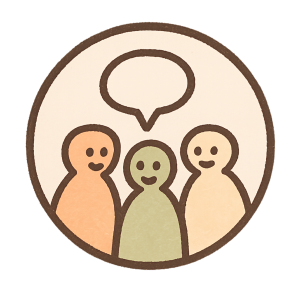 手書き風で、三人の人が輪になって話してい